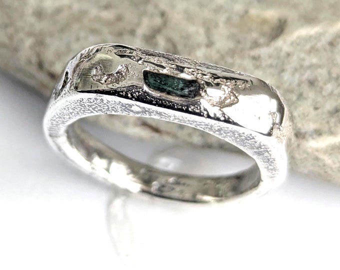 Sandcast Emerald Signet Ring: Sterling Silver, Organic Texture, US Size 6 3/4