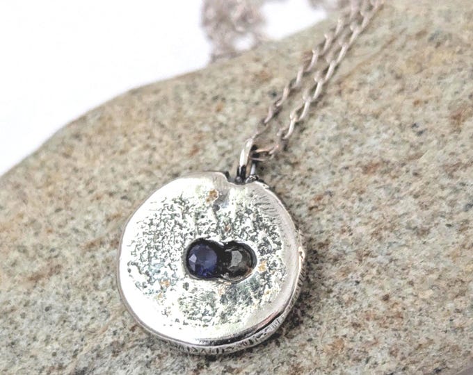 Sandcast Sterling Silver Pendant: Sapphire Tourmaline, Rustic Unisex Jewelry