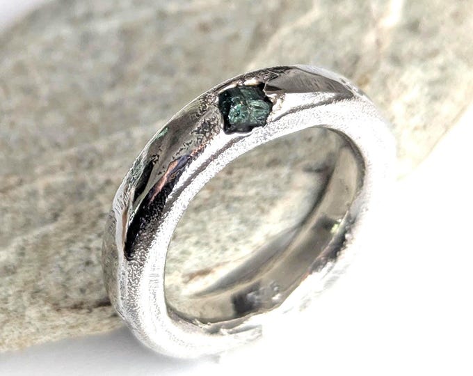 Sandcast Sterling Silver Emerald Ring, Domed Unisex Band, US Size 8.75
