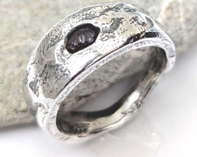 chunky sandcast ring, raw garnet, solid silver, unisex brutalist ring, rustic style ring, anniversary gift, birthday gift, organic, size V
