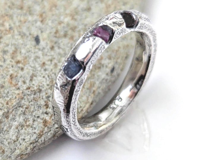 Sandcast Sterling Silver Ring: Raw Sapphire Accents, Unisex Band, US size 8