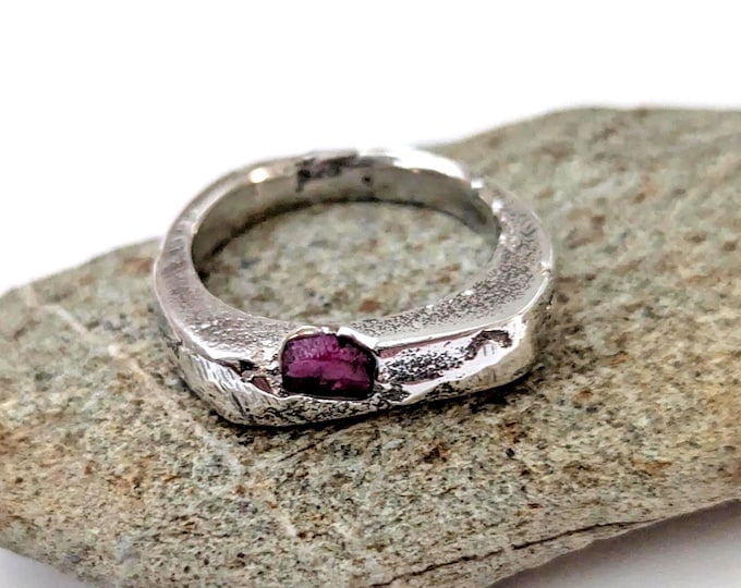 silver ruby ring; sandcast thin signet, raw gemstone, made to order, unisex design