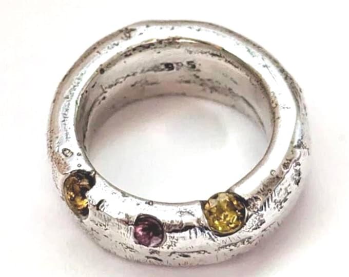 Sapphire Silver Domed Ring: Sandcast Brutalist Style Band, US Size 6.25