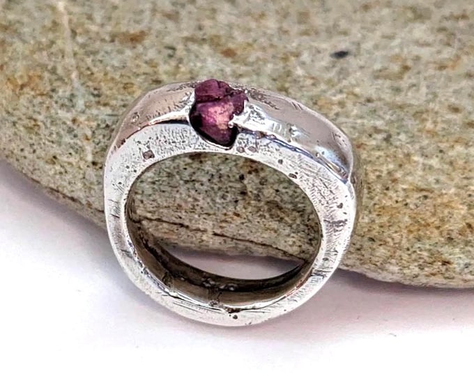 unisex silver ring; sandcast raw ruby signet, metalsmith, handcrafted, made to order
