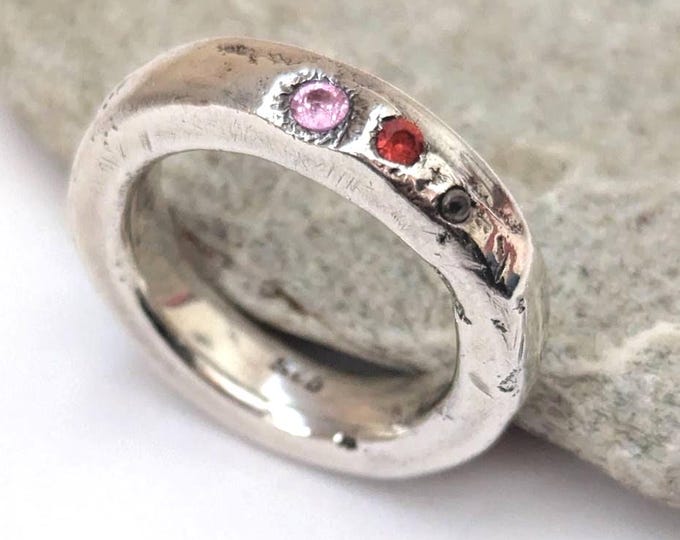 Oxidized Sterling Silver Gemstone Ring: Rustic Domed Unisex Band, US Size 7.25