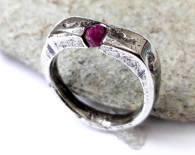 Sandcast Raw Ruby Signet Ring: Rustic Sterling Silver Band, Unisex Style, Size US 6.75