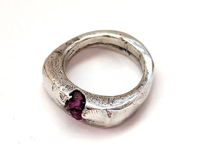 sandcast raw ruby ring; handcrafted, silver signet, unisex design, made to order