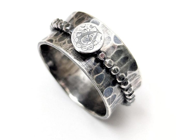 Hammered Sterling Silver Spinner Ring: Beaded Meditation Ring, US Size 9.5
