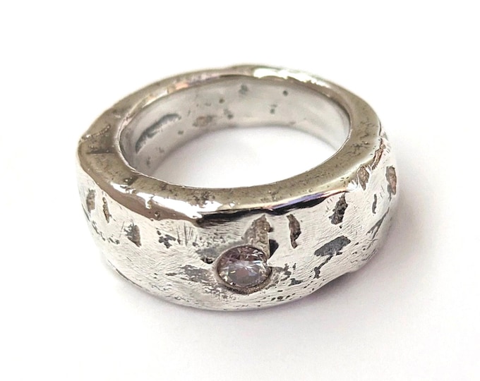 Sandcast Sterling Silver Moissanite Ring: Chunky Unisex Design, Size M