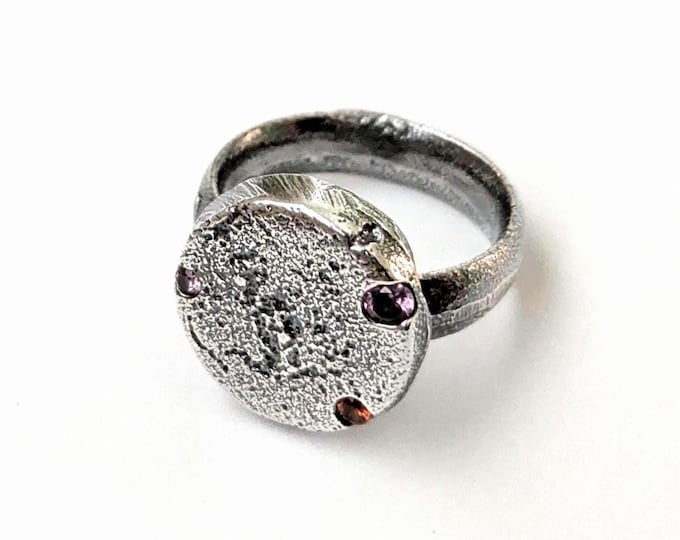 Sandcast Sterling Silver Ring: Alexandrite & Sapphire,  Modern Jewellery, US Size 7