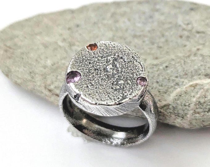 sandcast gemstone ring, brutalist style, rustic organic ring, sapphire and alexandrite engagement ring, birthday gift, unisex style, size N