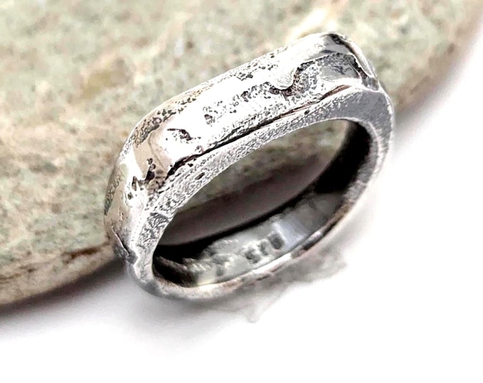 Brutalist Sterling Silver Sandcast Ring: Rustic Unisex Wedding Band (US Size 6.5)