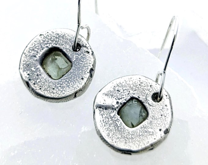 silver pebble earrings with sea glass; unisex, stainless steel hooks