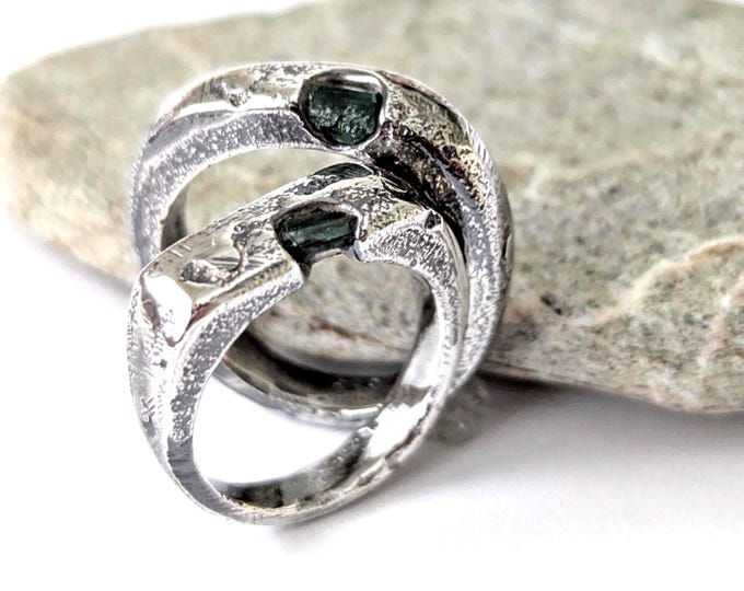 emerald ring; sandcast silver signet with raw stone, handcrafted, made to order