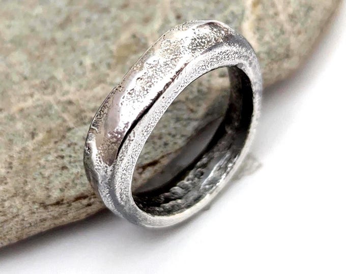 Sandcast Sterling Silver Ring: Rustic Unisex Wedding Band, US Size 7