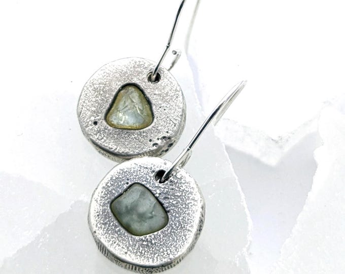 Sandcast earrings with sea glass; sterling silver, stainless steel hooks