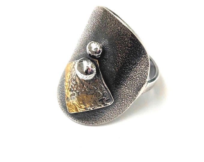 Blackened Sterling Silver Shield Ring: Brutalist Gothic Style, Size M