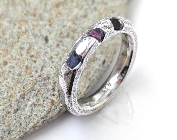 sandcast silver ring, multicoloured raw sapphires, brutalist ring, unusex style, engagement, anniversary, silver wedding band, size P