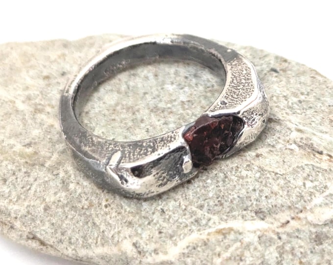 sandcast ring, natural garnet, raw gemstone, brutalist, wedding band, engagement ring, unisex, organic texture, molten silver, size Q 1/2