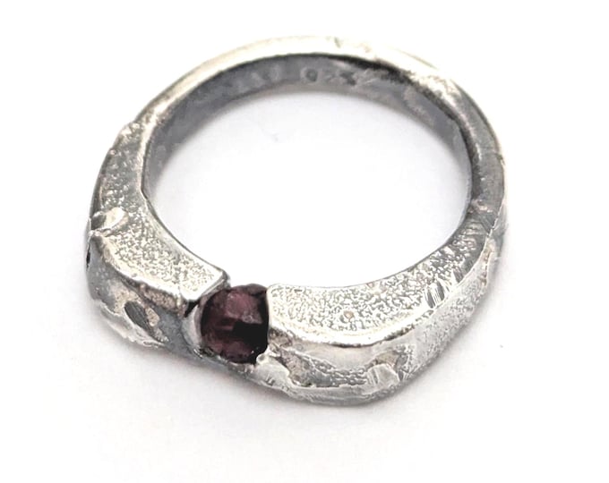 silver garnet ring, raw gemstone, sandcast, wedding band, engagement ring, unisex, brutalist ring, organic texture, molten silver, size M