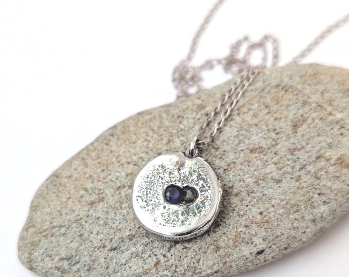 sandcast silver pendant, sapphire, tourmaline, brutalist  style, rustic texture, anniversary gift, coin shape, unisex, pendant only
