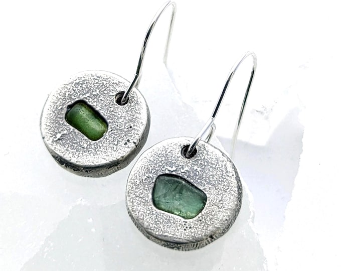Sea glass earrings; sandcast pebble style silver drops, stainless steel hooks