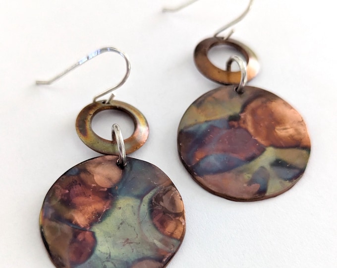 Flame painted copper earrings; circle dangles, sterling silver hooks
