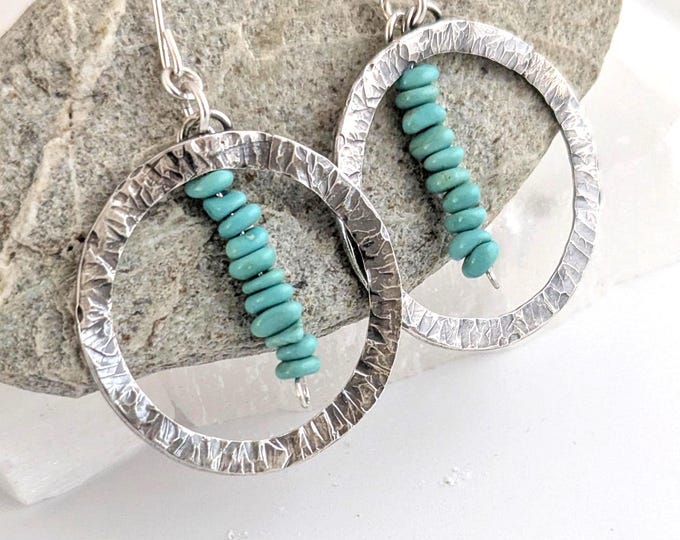 Dangle earrings, turquoise and silver hoops, hammer texture, earwires