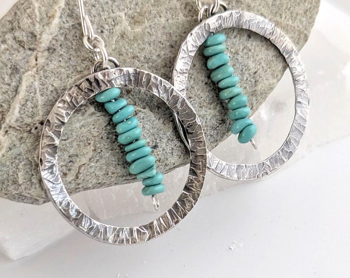Silver turquoise earrings, hammered hoops, ear wires, dangle drop earrings