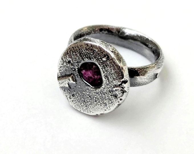 Sandcast Sterling Silver Ruby Ring: Brutalist Unisex Jewelry, US Size 7.75