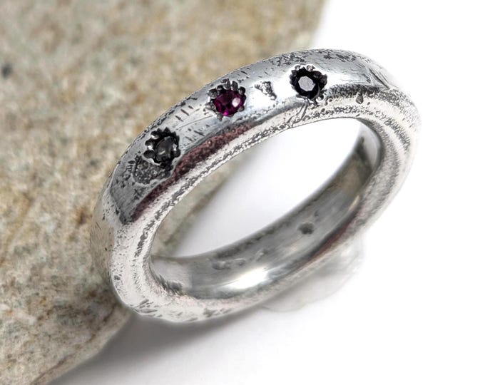 sandcast silver domed ring, sapphire, ruby, tourmaline ring, rustic band,  brutalist ring, wedding band, anniversary, unisex style, size  R