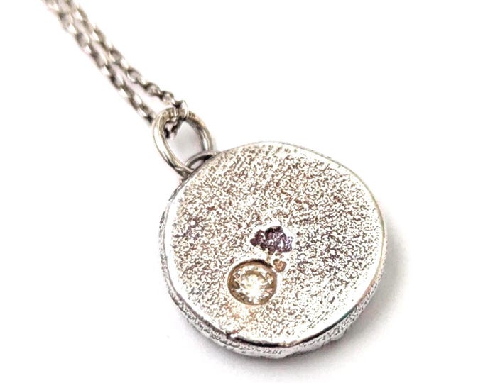 Sandcast Sterling Silver Pendant: Champagne Moissanite, Rustic Round Charm