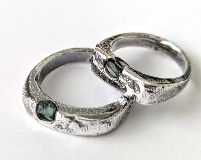 emerald ring; sandcast silver signet with raw stone, handcrafted, made to order