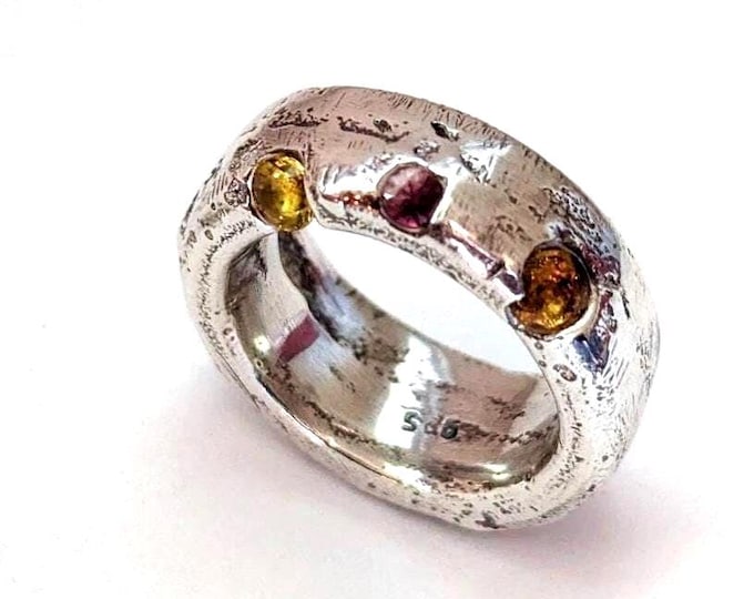 Sapphire Silver Domed Ring: Sandcast Brutalist Style Band, US Size 6.25