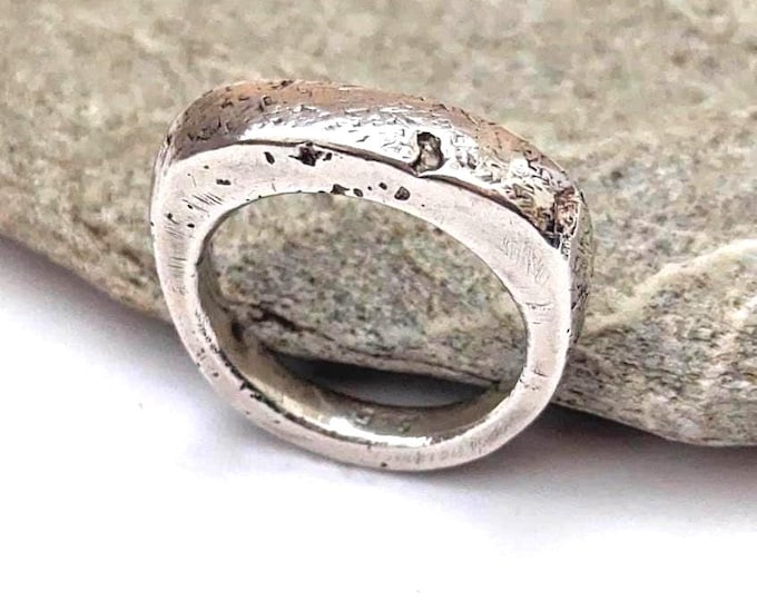 Sandcast Sterling Silver Signet Ring: Hammered Rustic Pinky Band, US Size 5.5