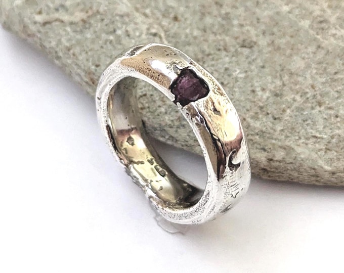 Raw Ruby Sterling Silver Ring: Sandcast Domed Band, Unisex