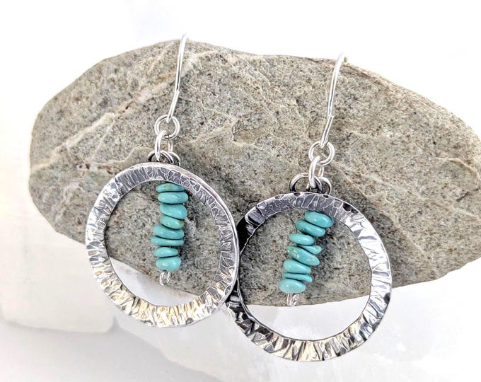 Turquoise and silver round earrings, textured dangle hoops, sterling silver hooks.