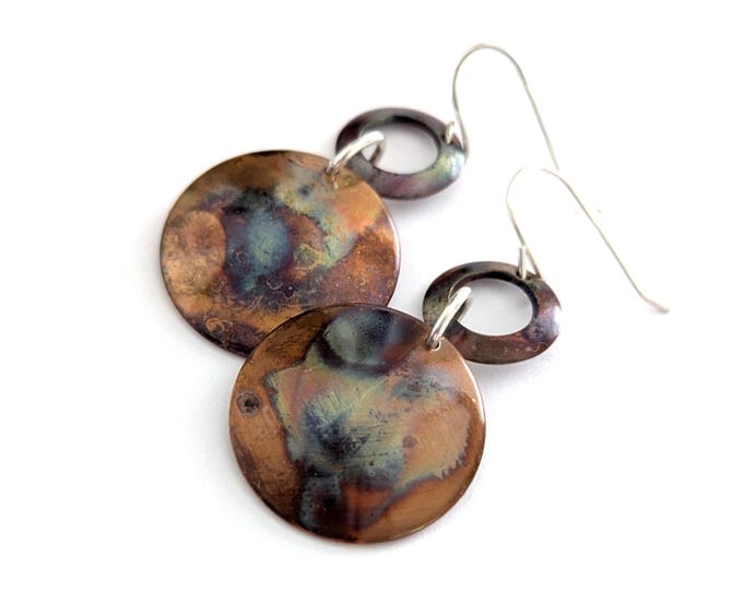 Copper domed earrings; flame painted dangles, sterling silver hooks