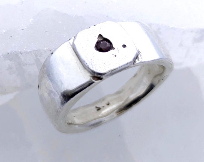 Padparadscha Sapphire signet ring; unisex sandcast band, size 8 3/4