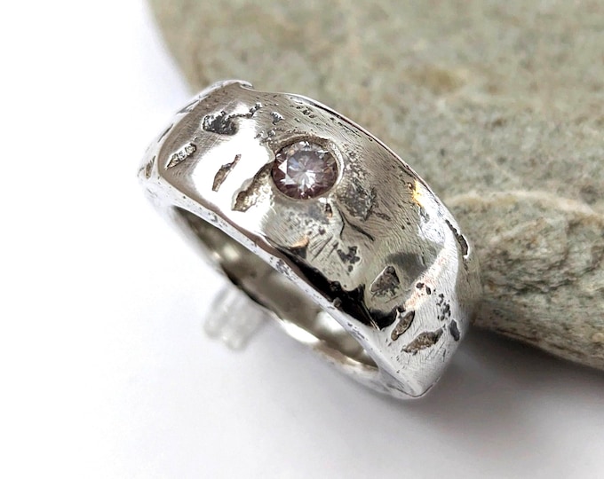 Sandcast Sterling Silver Moissanite Ring: Chunky Unisex Design, Size US 6.5