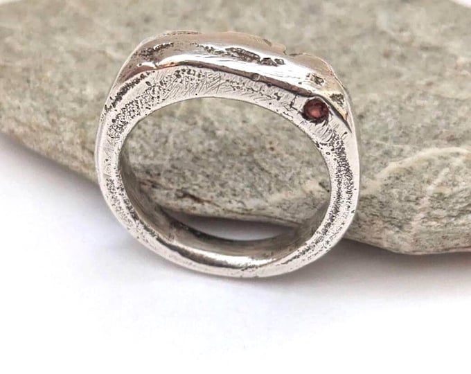 Orange sapphire silver sandcast signet ring, size AU S