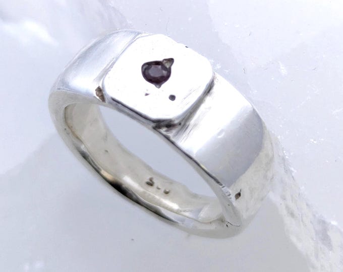 Padparadscha Sapphire signet ring; unisex sandcast band, size 8 3/4
