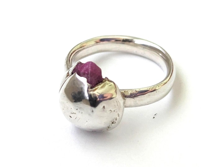 Raw ruby ring, molten metal ring , unisex, brutalist Viking style, organic style ring, modern ring, one off design, rustic, size O