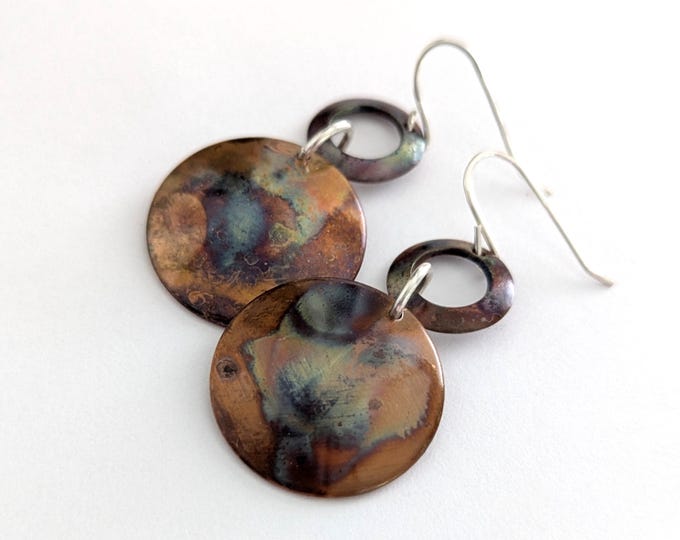 Copper domed earrings; flame painted dangles, sterling silver hooks