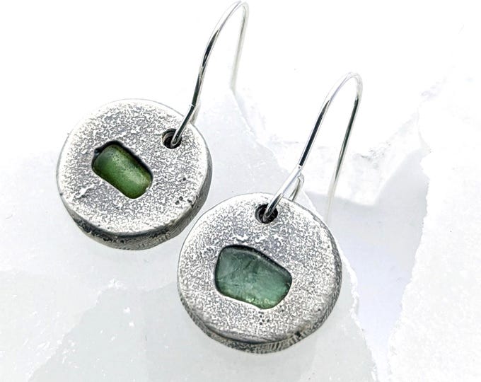 Sea glass earrings; sandcast pebble style silver drops, stainless steel hooks