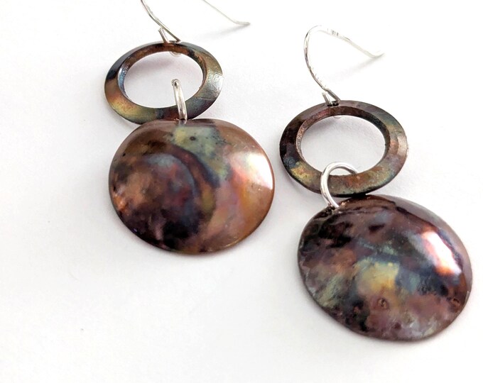 Flame painted dangle earrings; copper domes, sterling silver hooks