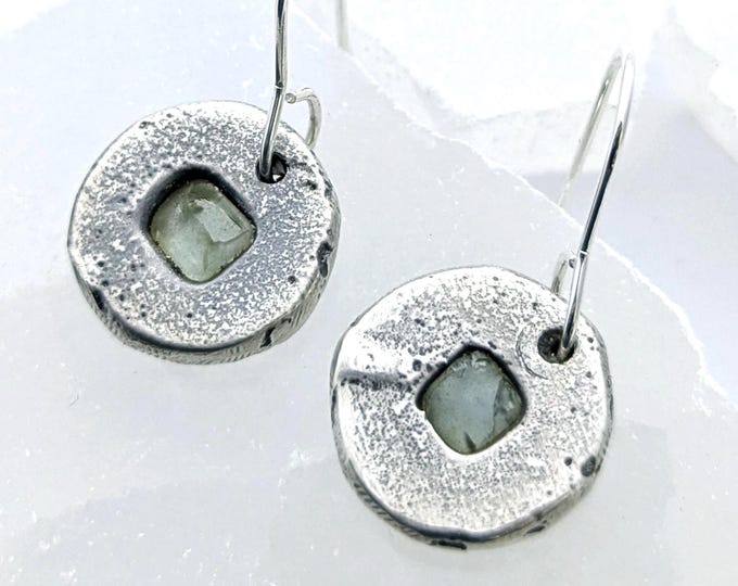 silver pebble earrings with sea glass; unisex, stainless steel hooks