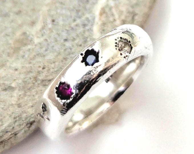 Sandcast Silver Domed Ring: Multicolored Gemstones, Unisex Round Band, US size 7