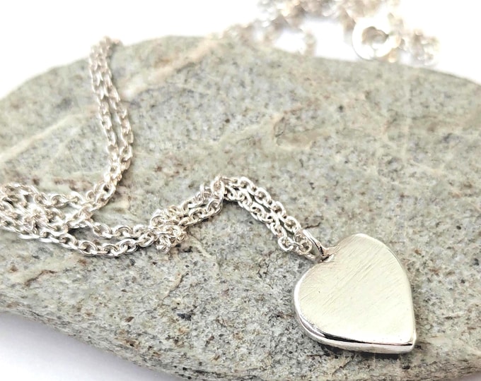 Sterling Silver Heart Pendant:  Solid Silver Charm, Rustic Chain Necklace