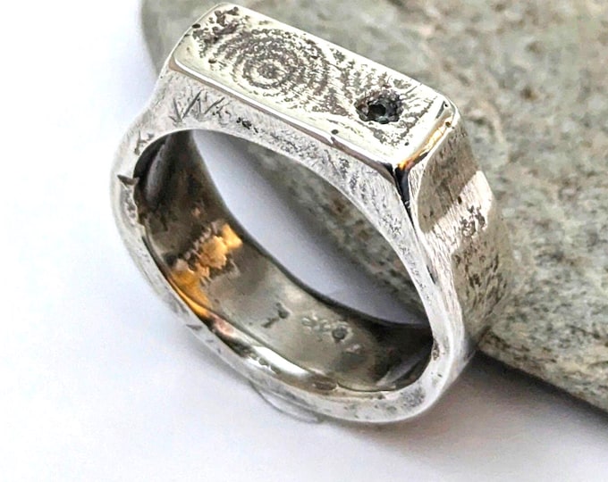 Sandcast Sterling Silver Signet Ring: Green Tourmaline, Rustic Unisex Band (Size AU U)